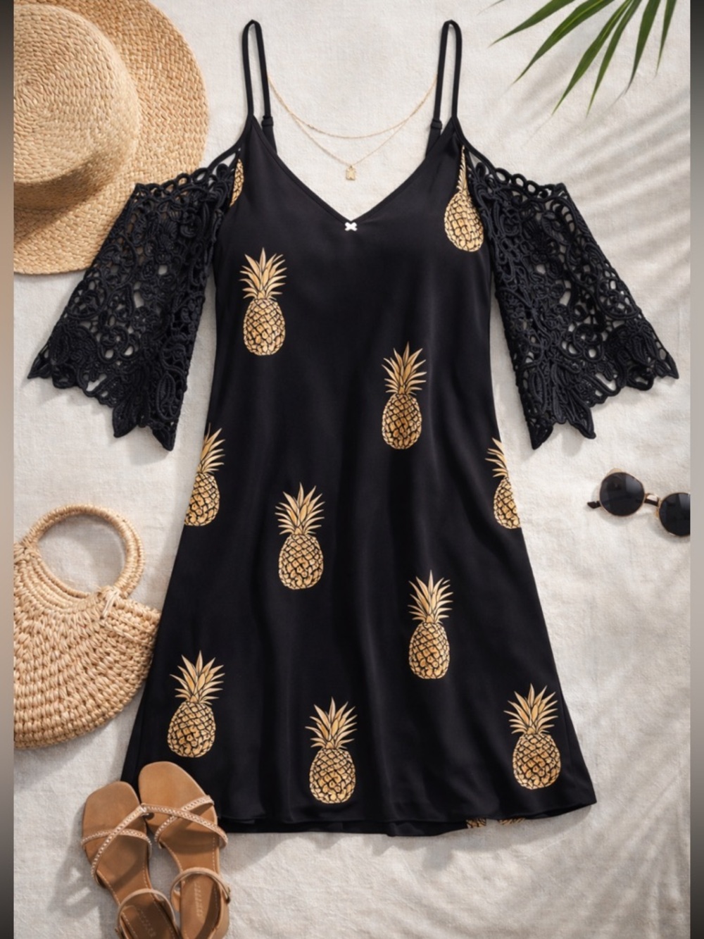 Black Pineapple Print Dress Adjustable Straps Lace Sleeve
Medium Boho - Picture 3 of 15